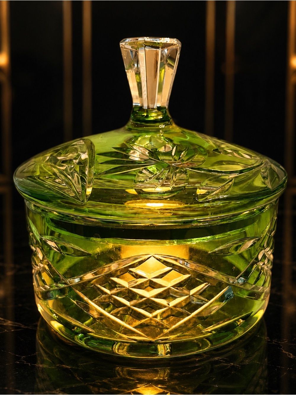Vintage Green Cut-to-Clear Glass Trinket Box Styled as Fairy Lamp